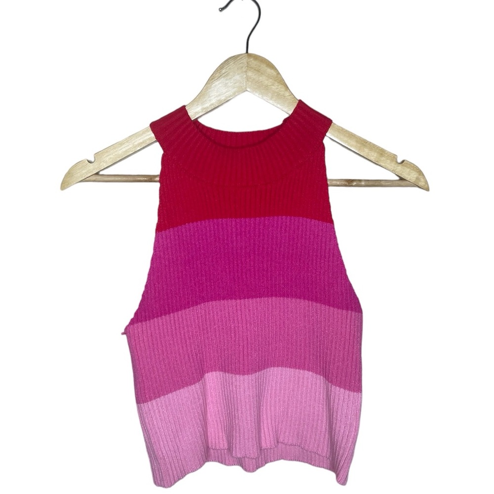 Red & Pink Colorblock Stripe Light Knit Ribbed Mockneck Tanktop Size Large